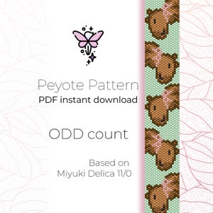 May include: A digital download pattern for a peyote stitch beaded bracelet featuring a brown and pink cartoon animal with a bow. The pattern is based on Miyuki Delica 11/0 beads and is for an odd count.