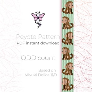 Puede incluir: Un patrón de descarga digital para un brazalete de cuentas de punto de peyote con un diseño de mono. El patrón está basado en cuentas Miyuki Delica 11/0 y es para un brazalete de conteo impar.
