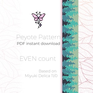 May include: A digital download pattern for a peyote stitch beaded bracelet. The pattern is based on Miyuki Delica 11/0 beads and features a turquoise, green, and black color scheme. The pattern is for an even count bracelet.