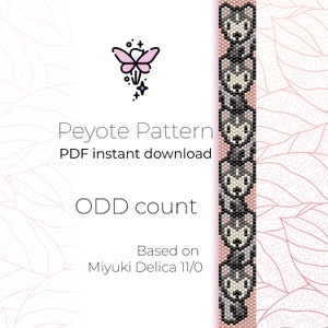 May include: A printable PDF pattern for a beaded bracelet featuring a cute cartoon wolf design. The pattern is for an odd count peyote stitch and is based on Miyuki Delica 11/0 beads.