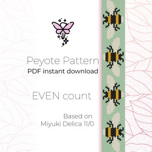 May include: A digital download pattern for a beaded bracelet featuring a repeating pattern of bumblebees. The pattern is for peyote stitch and is based on Miyuki Delica 11/0 beads. The pattern is for an even count.