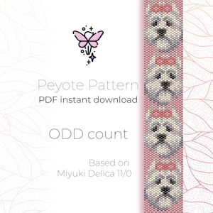 May include: A digital download pattern for a peyote stitch beading project. The pattern features a white dog with pink accents. The pattern is based on Miyuki Delica 11/0 beads and is for an odd count project. The text "Peyote Pattern PDF instant download ODD count Based on Miyuki Delica 11/0" is included in the image.