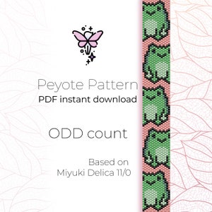 May include: A digital download pattern for a beaded frog bracelet. The pattern is based on Miyuki Delica 11/0 beads and uses an odd count peyote stitch. The pattern is illustrated with a series of green frogs on a pink background.