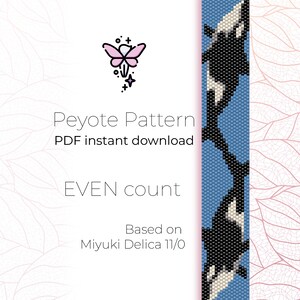 May include: A digital download pattern for a peyote stitch beaded bracelet featuring an orca whale design. The pattern is based on Miyuki Delica 11/0 beads and is for an even count.
