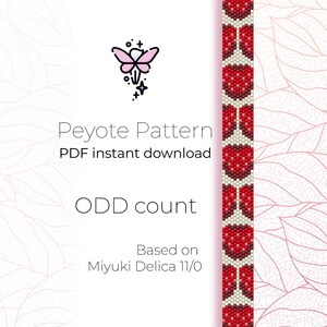 May include: A digital download pattern for a beaded bracelet with a red, white and cream colour scheme. The pattern is for an odd count peyote stitch and is based on Miyuki Delica 11/0 beads.