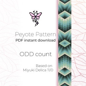 May include: A digital download pattern for a peyote stitch beaded bracelet. The pattern is based on Miyuki Delica 11/0 beads and features an odd count. The image shows a colorful beaded bracelet with a green, blue, and white color scheme.