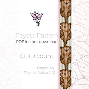 May include: A digital download pattern for a beaded bracelet featuring a cute cartoon bear design. The pattern is for an odd count peyote stitch and is based on Miyuki Delica 11/0 beads.