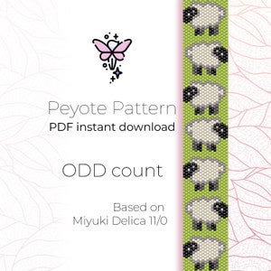 Puede incluir: Un patrón de descarga digital para un brazalete de cuentas de punto de peyote con un diseño repetitivo de ovejas blancas sobre un fondo verde. El patrón se basa en cuentas Miyuki Delica 11/0 y es para un brazalete de conteo impar.