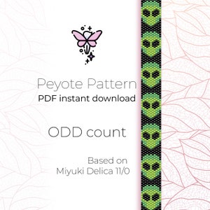 May include: A digital download pattern for a peyote stitch bracelet featuring a green alien face design. The pattern is based on Miyuki Delica 11/0 beads and is for an odd count bracelet.