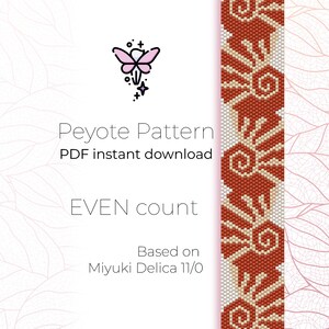May include: A digital download pattern for a peyote stitch beaded bracelet. The pattern is based on Miyuki Delica 11/0 beads and features a geometric design with orange and cream beads. The pattern is for an even count bracelet.