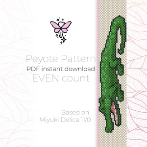 May include: A green alligator bead pattern for peyote stitch. The pattern is based on Miyuki Delica 11/0 beads. The pattern is available as an instant PDF download. The text "Peyote Pattern PDF instant download EVEN count" is displayed on the image.