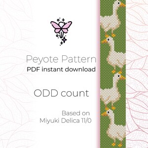 May include: A digital peyote pattern for beadwork featuring a repeating design of white geese with orange beaks and feet on a green background. The text reads Peyote Pattern, PDF instant download, ODD count, and Based on Miyuki Delica 11/0.