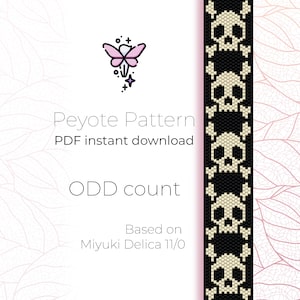 May include: A digital download pattern for a beaded bracelet featuring a skull design. The pattern is for an odd count peyote stitch and is based on Miyuki Delica 11/0 beads.