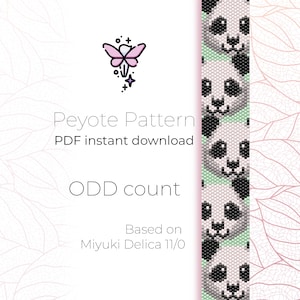May include: A digital download pattern for a beaded panda bracelet. The pattern is for an odd count peyote stitch and is based on Miyuki Delica 11/0 beads. The pattern is illustrated with a panda face and a small fairy icon.