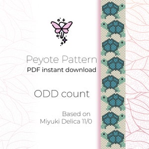 Könnte beinhalten: Ein digitales Peyote-Muster mit dem Text "Peyote Pattern PDF instant download ODD count". Das Muster zeigt ein sich wiederholendes Design aus türkisfarbenen Schildkröten. Basierend auf Miyuki Delica 11/0.
