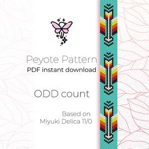 May include: A digital download pattern for a peyote stitch beaded bracelet. The pattern is based on Miyuki Delica 11/0 beads and features a turquoise, orange, yellow, and white color scheme. The pattern is for an odd count bracelet.