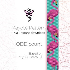 May include: A digital download pattern for a pink flamingo peyote stitch beading project. The pattern is based on Miyuki Delica 11/0 beads and is for an odd count project.
