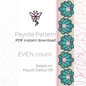 May include: A digital download pattern for a beaded bracelet with a floral design. The pattern is based on Miyuki Delica 11/0 beads and is for an even count peyote stitch.