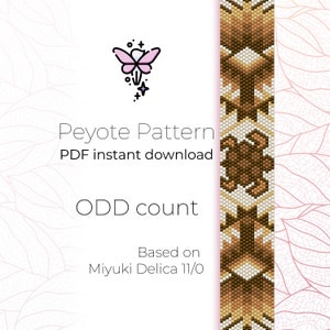 May include: A digital download pattern for a peyote stitch bracelet with an odd count. The pattern is based on Miyuki Delica 11/0 beads. The bracelet features a brown and white geometric design.