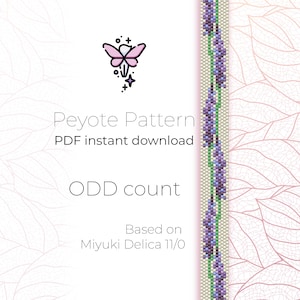 Puede incluir: Un patrón de descarga digital para un brazalete de cuentas de lavanda. El patrón es para punto de peyote y se basa en cuentas Miyuki Delica 11/0. El patrón es para un brazalete de conteo impar.