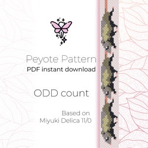 Może przedstawiać: Cyfrowy wzór Peyote z tekstem "Peyote Pattern PDF instant download ODD count". Projekt oparty jest na koralikach Miyuki Delica 11/0. Obraz ma różowe i białe tło z ikoną motyla.