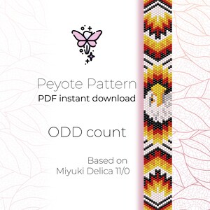 May include: A digital download graphic with the text "Peyote Pattern" and "PDF instant download." The design features a colourful beaded pattern in red, yellow, white, and black. The text "ODD count" and "Based on Miyuki Delica 11/0" are also included.