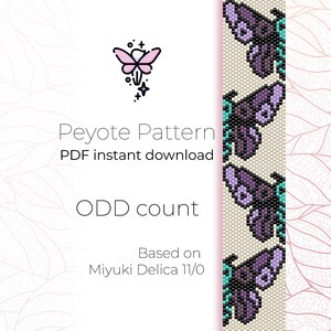 May include: A digital download pattern for a beaded bracelet featuring a purple butterfly design. The pattern is based on Miyuki Delica 11/0 beads and uses an odd count peyote stitch.