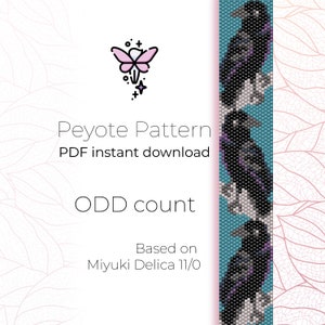 May include: A digital download pattern for a peyote stitch beaded bracelet featuring a black raven design. The pattern is based on Miyuki Delica 11/0 beads and is for an odd count bracelet.