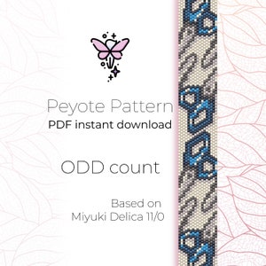 May include: A digital download pattern for a beaded bracelet with a blue and white design. The pattern is based on Miyuki Delica 11/0 beads and is for an odd count peyote stitch.