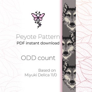 May include: A digital download pattern for a peyote stitch beaded bracelet featuring a wolf design. The pattern is based on Miyuki Delica 11/0 beads and is for an odd count bracelet.