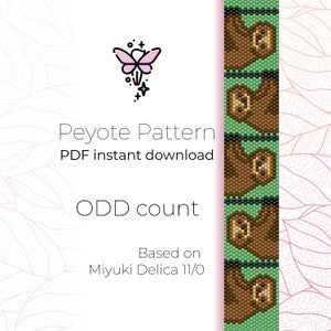May include: A digital download pattern for a beaded sloth bracelet using peyote stitch. The pattern is based on Miyuki Delica 11/0 beads and is for an odd count bracelet.