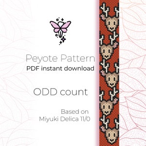 May include: A digital download pattern for a beaded reindeer bracelet. The pattern is for an odd count peyote stitch and is based on Miyuki Delica 11/0 beads.