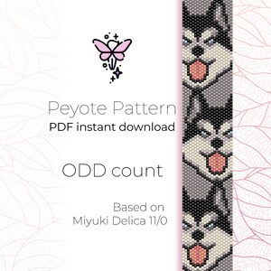 May include: A digital download pattern for a beaded bracelet featuring a repeating pattern of three husky dog faces. The pattern is for peyote stitch and is based on Miyuki Delica 11/0 beads. The text "Peyote Pattern PDF instant download ODD count Based on Miyuki Delica 11/0" is included in the image.
