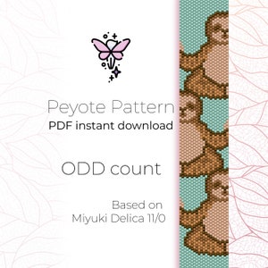 May include: A digital download pattern for a beaded sloth bracelet using the peyote stitch. The pattern is based on Miyuki Delica 11/0 beads and is for an odd count bracelet.