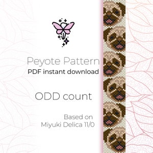 May include: A digital download pattern for a beaded pug bracelet. The pattern is for an odd count peyote stitch and is based on Miyuki Delica 11/0 beads.