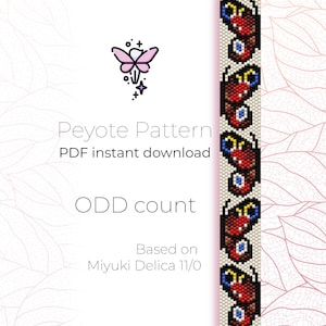 May include: A digital download pattern for a beaded butterfly bracelet. The pattern is based on Miyuki Delica 11/0 beads and uses an odd count peyote stitch. The pattern is illustrated with a colorful beaded butterfly.