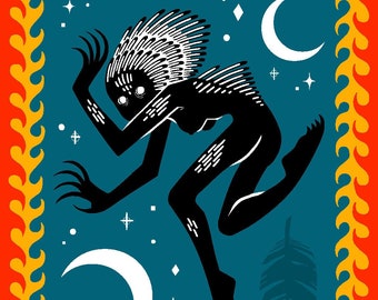 Pinfeathers - Harpy Woman with Moons and Fire Glossy Digital Art Print