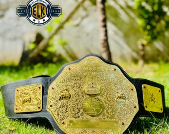 New Men's Big Gold Heavyweight Championship Belt Handmade Hand tooled Leather Black Leather Hand Crafted Wrestling Belt