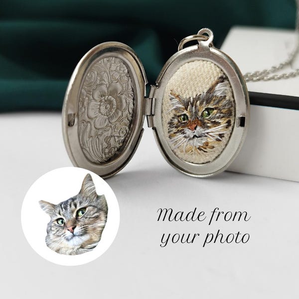 Medallón bordado con foto de gato, collar artesanal con retrato de perro, regalo de Navidad para dueño de mascota, medallón personalizado para mamá mascota