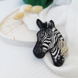 Handcrafted Zebra Brooch, Designer Black and White Brooch, Large Animal Brooch, Embroidered Realistic  Zebra Portrait Gift for Her