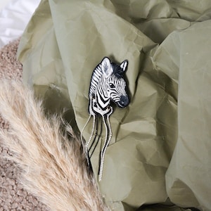 Hand Embroidered Zebra Brooch, Wild Lover Accessory, Large Safari Animal Brooch, Realistic Zebra Portrait Lapel Pin, Gift Lover Wild Animal