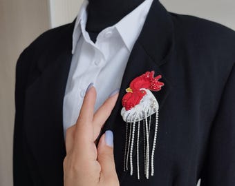 Handmade Embroidered Rooster Brooch: Beaded Bird Pin