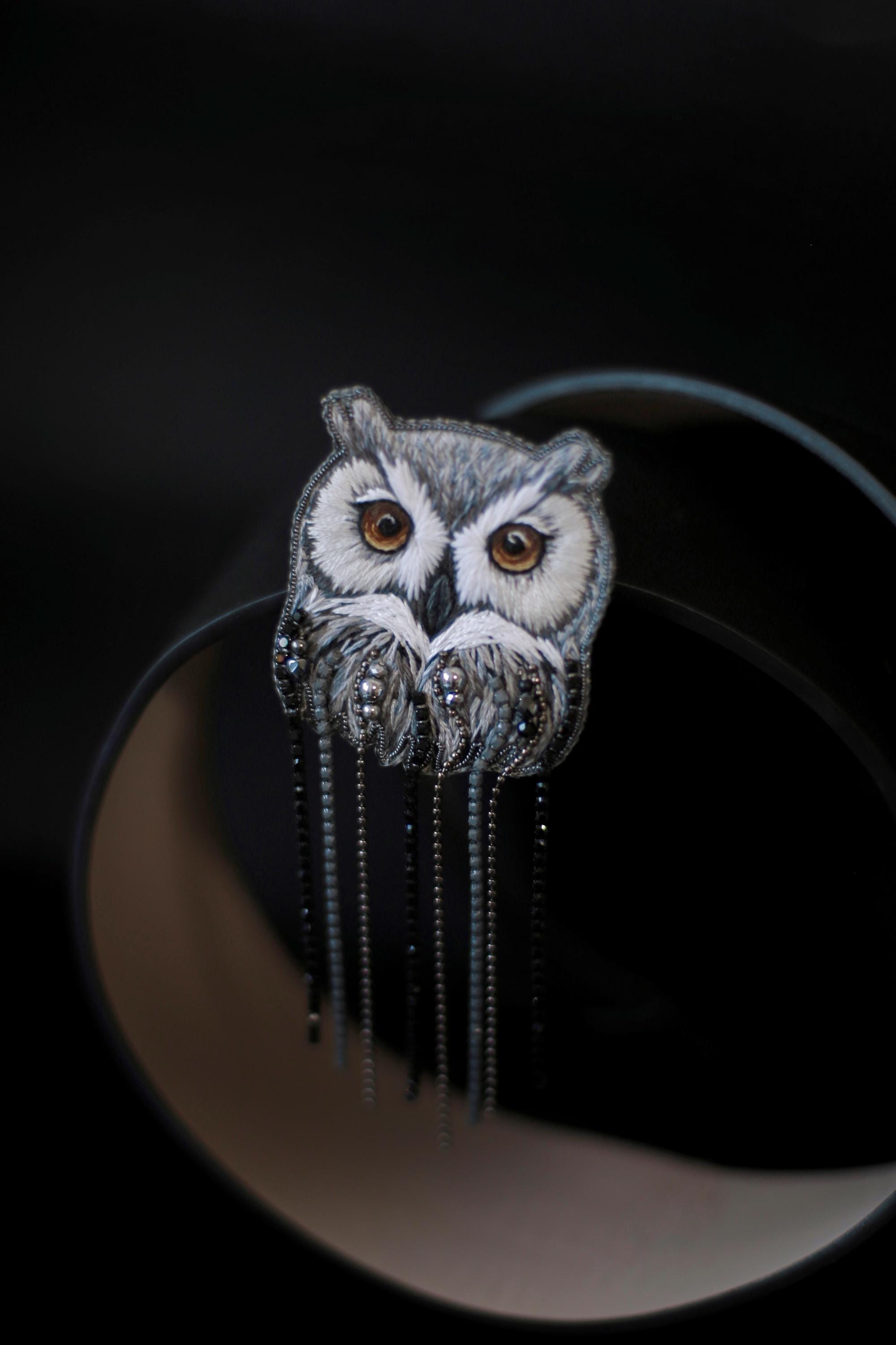 Embroidered Owl Brooch with crystals and chains - Christmas gift for bird lovers