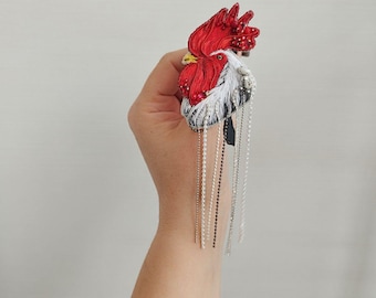 Handmade Embroidered Rooster Brooch: Beaded Bird Portrait Pin