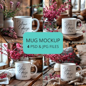 4 White Mug Mockup Pack, PSD mug mockup smart object layers and JPEG mug mockup files, coffee cup mockup Bundle, easy to use