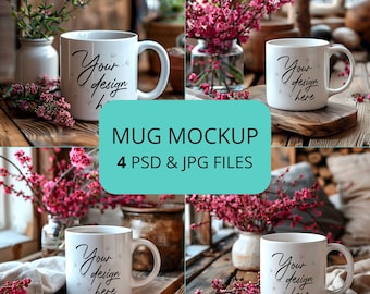 Pack de 4 maquettes de tasse blanche, calques d'objets intelligents de maquette de tasse PSD et fichiers de maquette de tasse JPEG, lot de maquettes de tasse à café, facile à utiliser