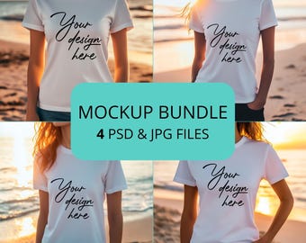 Maqueta de camiseta blanca Bella Canvas 3001, paquete de 4 archivos PSD y JPEG, maqueta de camiseta PSD Summer Pack, maqueta de camiseta Sea Mockup