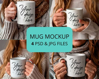 4 Mug mockup with woman psd and jpeg files. Cozy woman with white coffee cup mockup. Blank mug photoshop mockup
