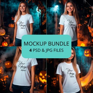 Haloween Woman Shirt Mockup Bundle, 4 PSD and JPEG files, White T-Shirt 3001 Mockup Pack, Halloween bundle mockup, Autumn fall mockup