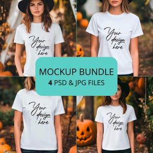 Bella Canvas 3001 Woman Shirt Halloween Mockup Bundle, 4 PSD and JPEG files, White T-Shirt Autumn Mockup Pack, Shirt Mockup Halloween